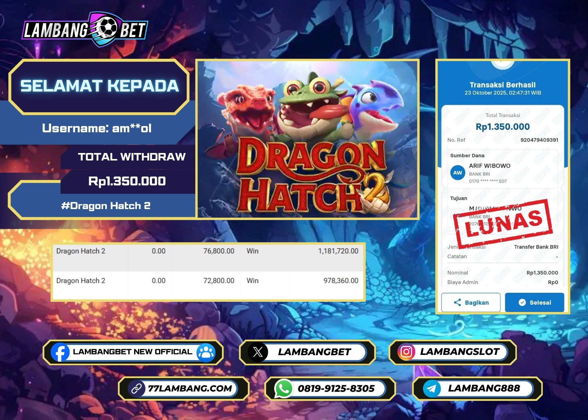 LAMBANGBET [23 OKTOBER 2025] JACKPOT SLOT Dragon Hatch 2 "Rp1.350.000" LUNAS